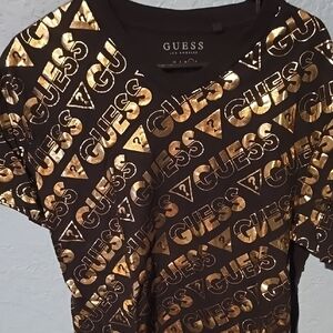 GUESS Women's Black and Gold Logo Top